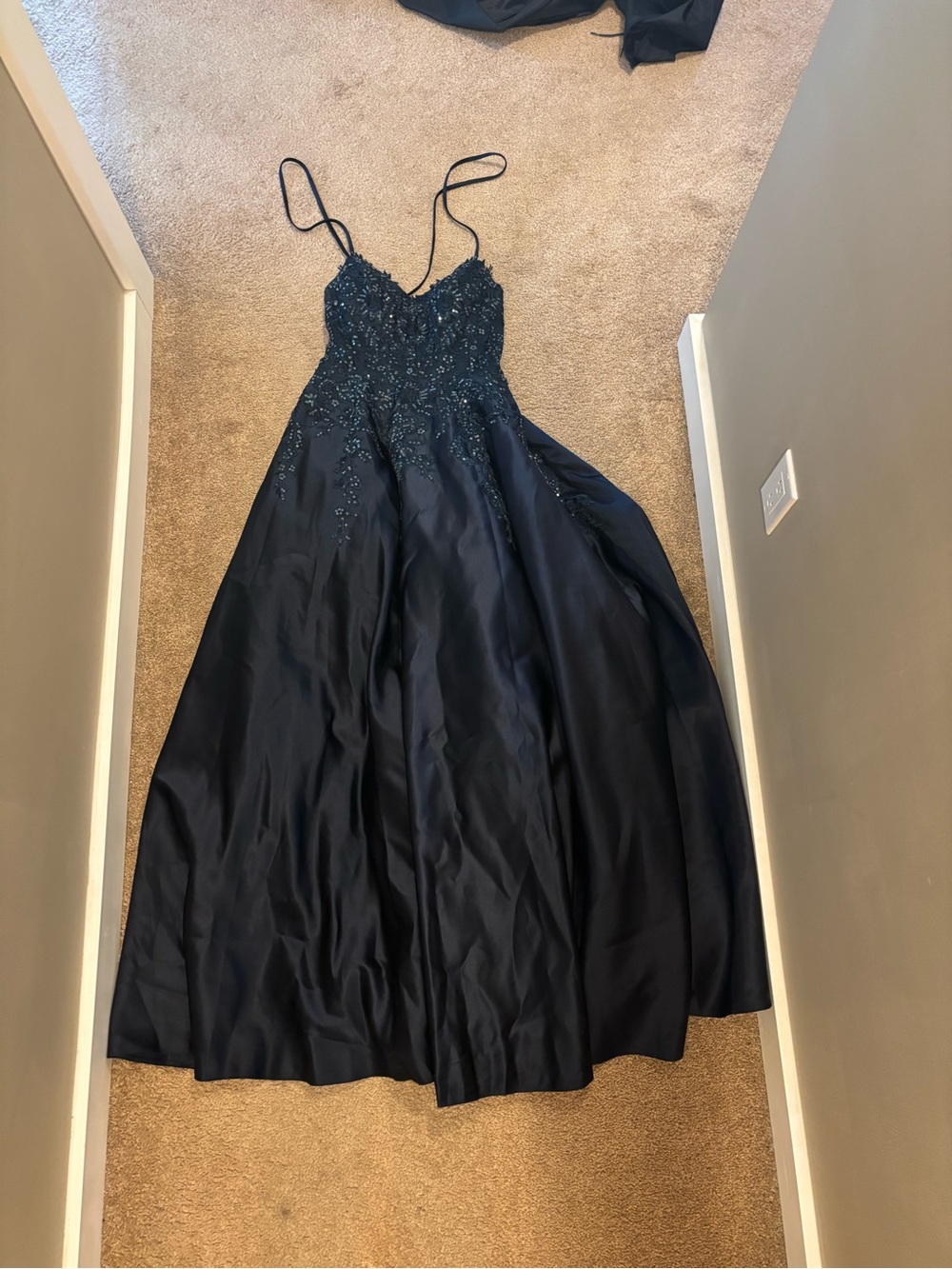 Windsor Navy Blue Beaded Spaghetti Strap Prom Dress